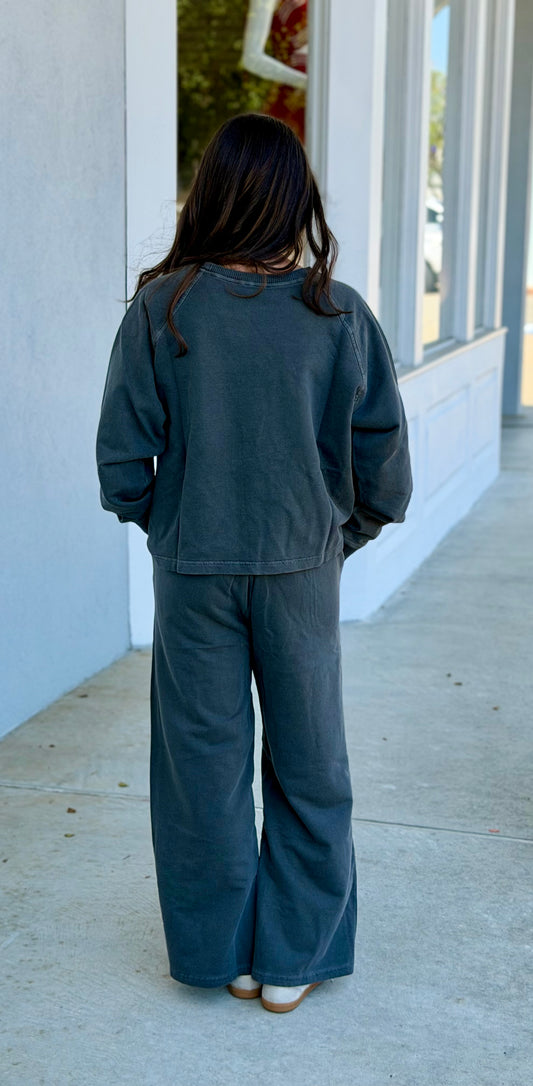 Washed F/Terry Round Neck Pullover & Pants SET, Black