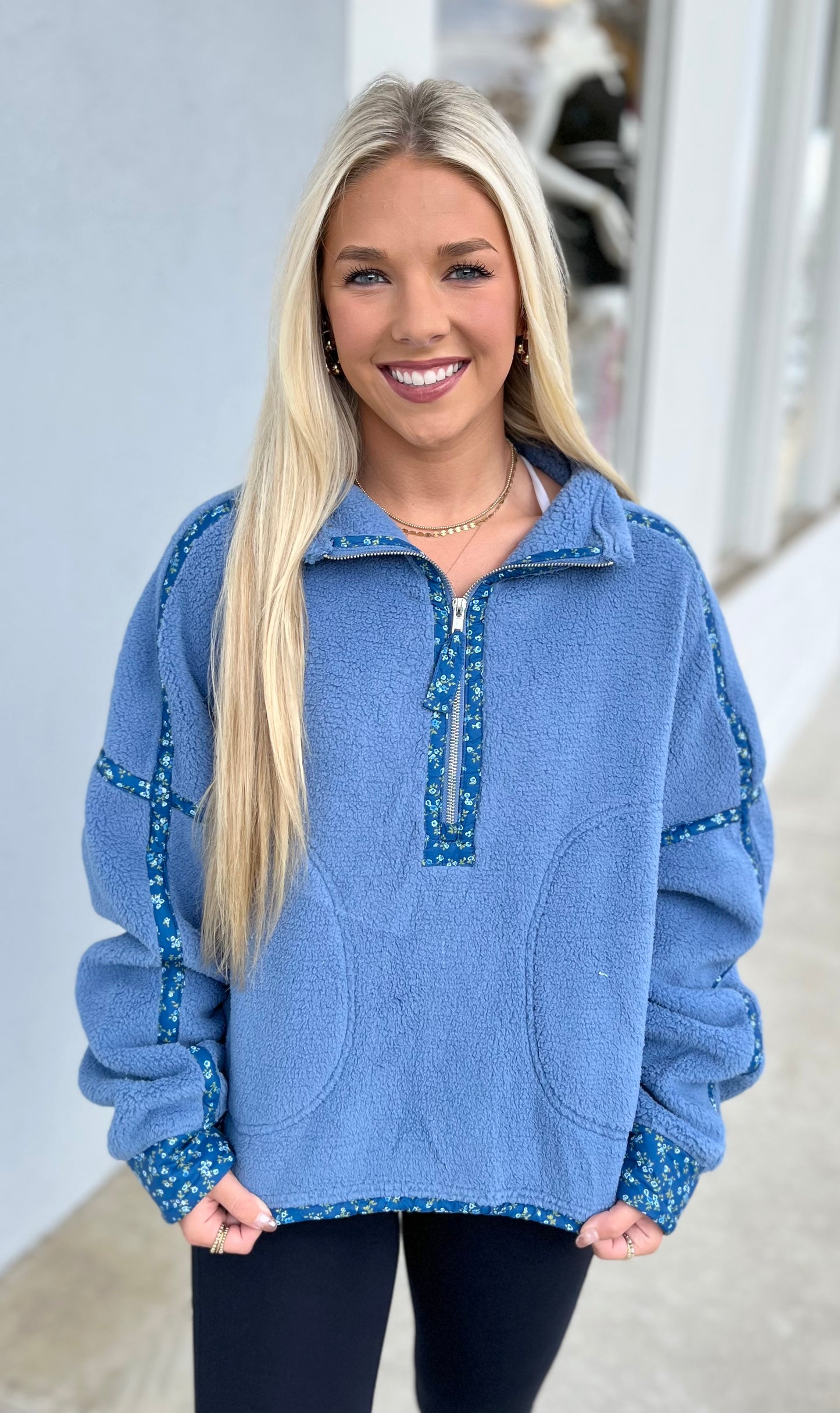 Blue Floral Printed Sherpa Jacket