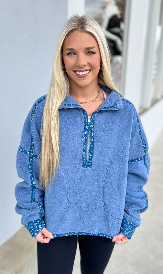 Blue Floral Printed Sherpa Jacket