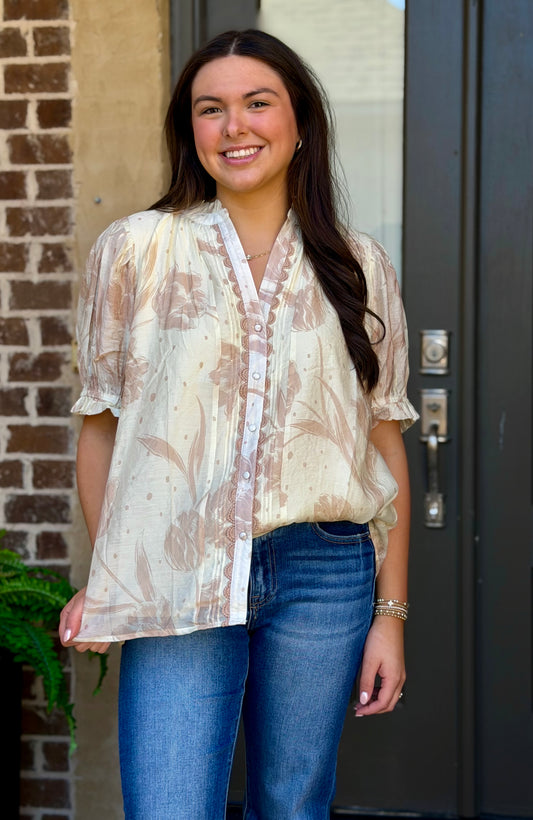 Two Tone Floral Pin Tuck With Lace Trim Top