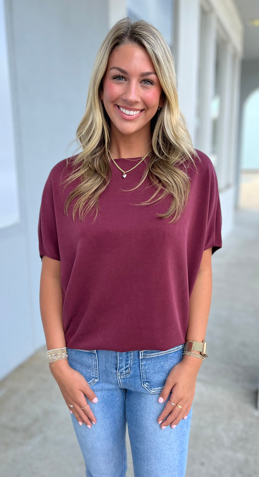 Dolman Short Sleeve Top , Wine
