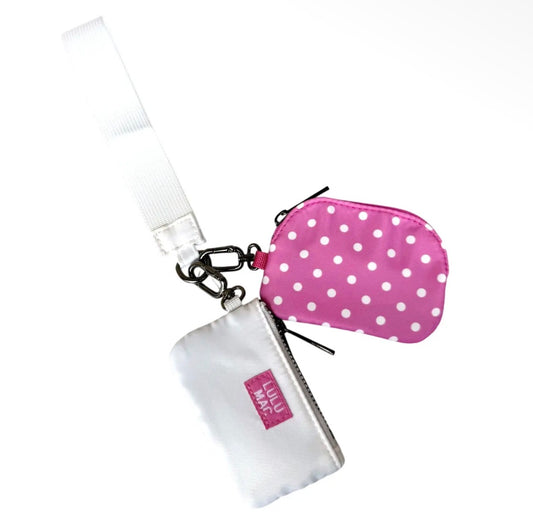 Lulu Mac Double Pouch Wristlet, Hot Pink/White Dots
