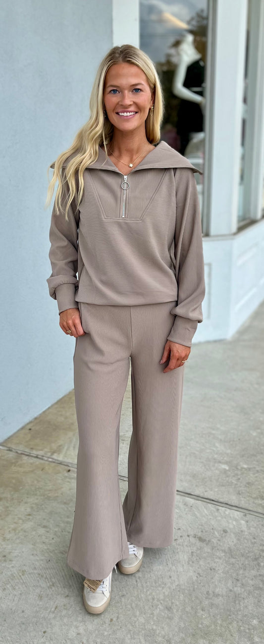 Ribbed High Neck Half Zip Top & Pants SET, Ash Mocha