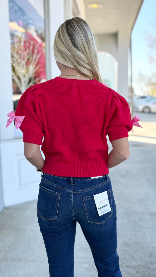 Red Cropped Sweater W Bows