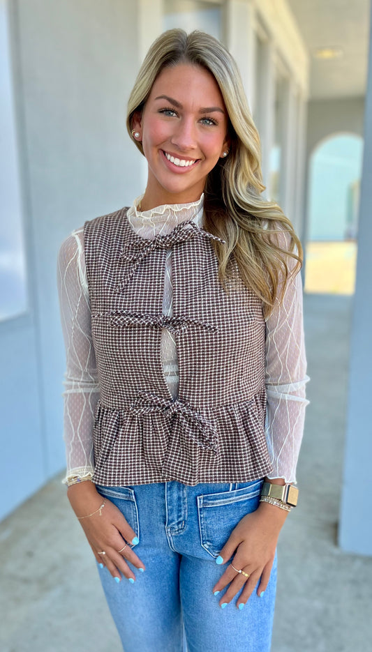 Brown Sleeveless Checkered Top w/ Front Tie Bows