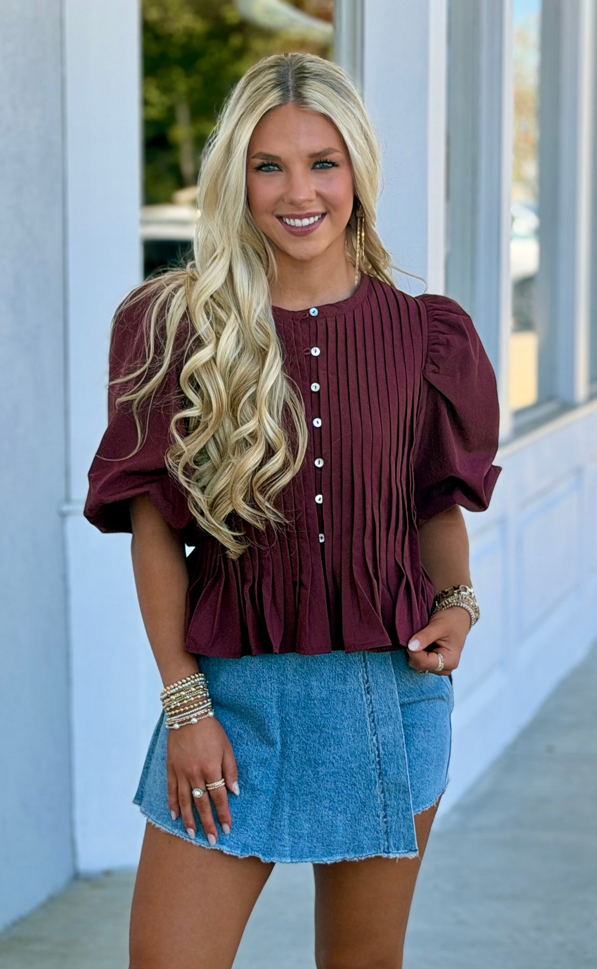 Maroon Puff Sleeve Peplum Top