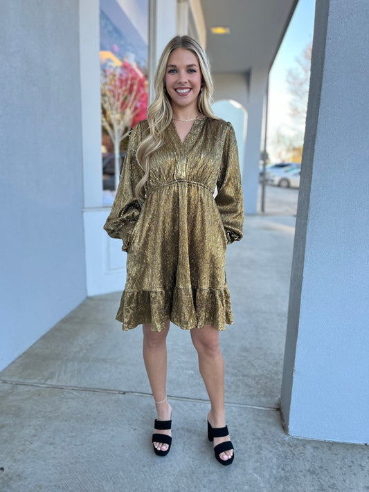 Gold V Neck Long Sleeve Dress