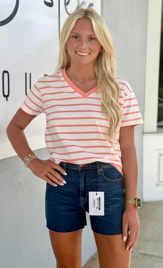 Striped V Neck Tee , Coral