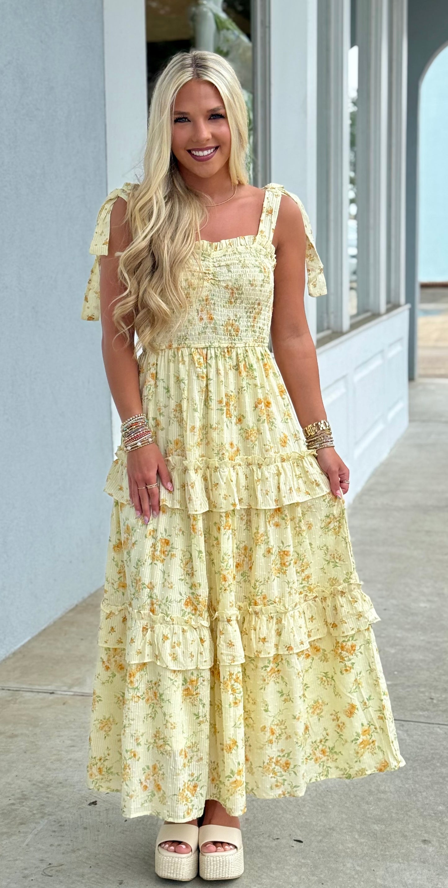 Sunwashed Lemon Lace Floral Maxi Dress