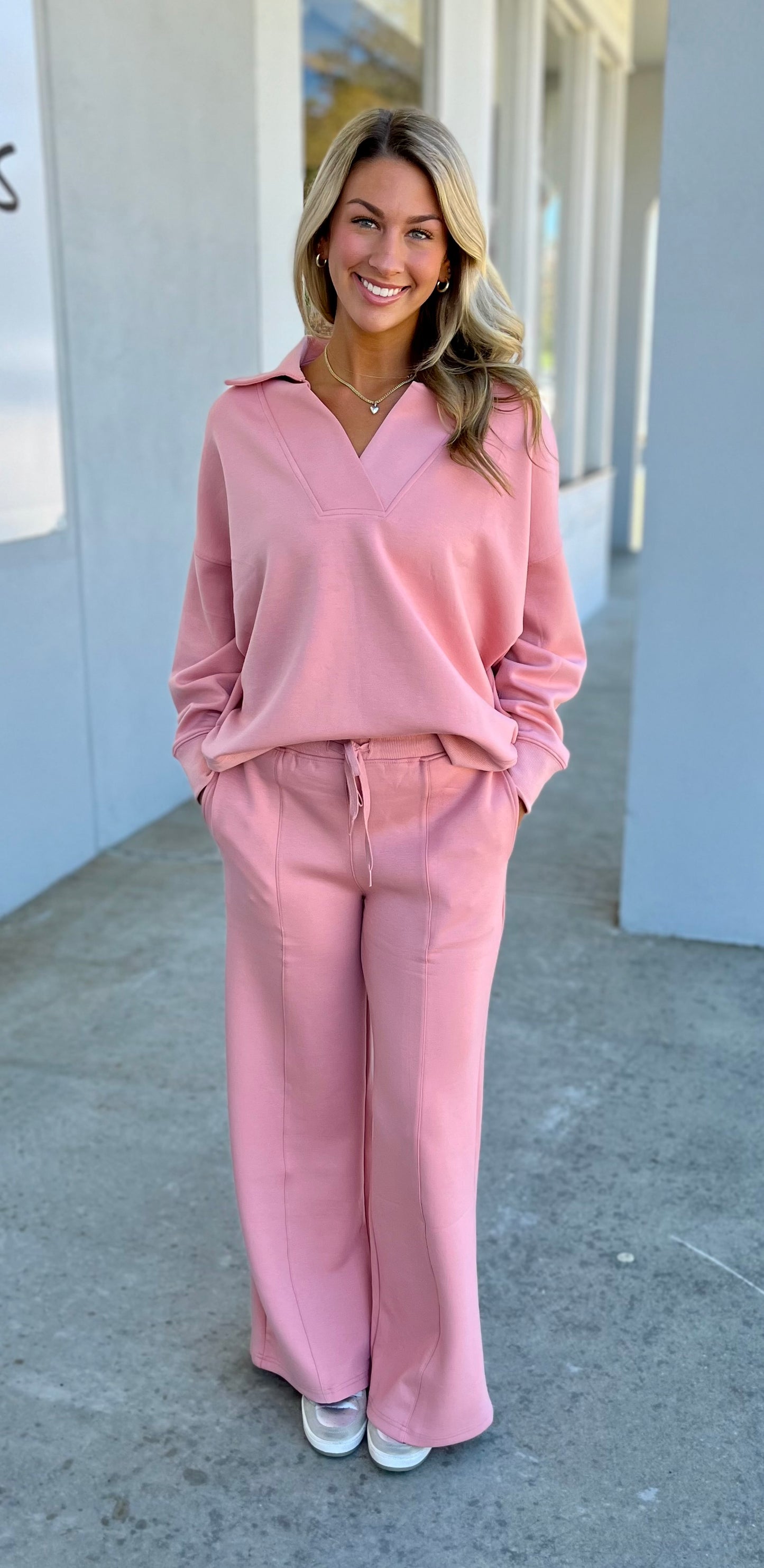 Scuba Collared Pullover & Pants SET, Tan Rose