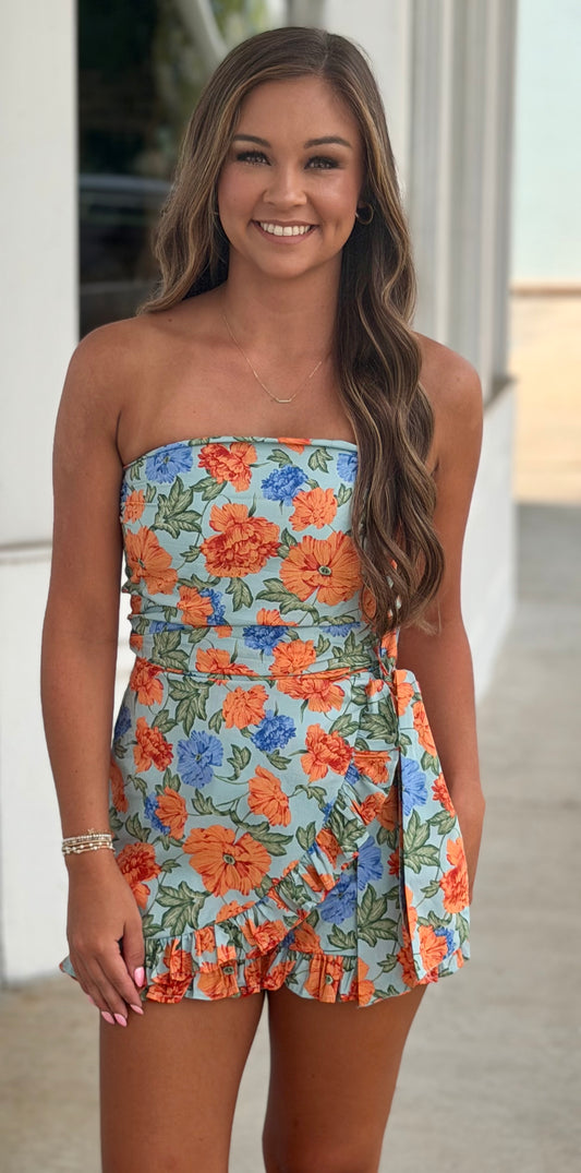 Floral Strapless Wrap Romper , Haven