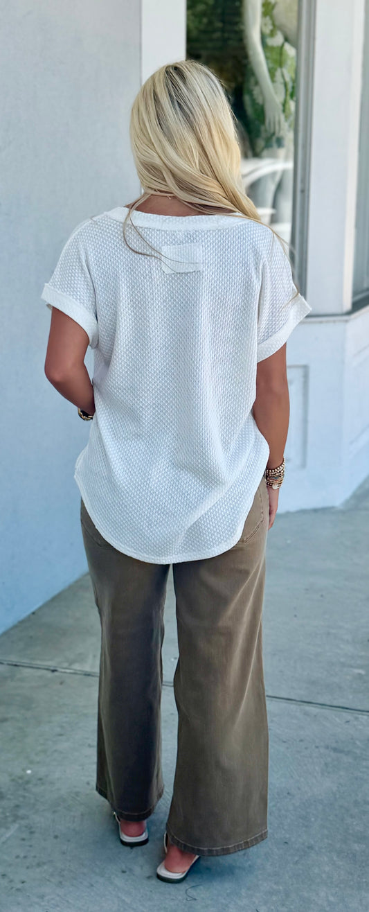 V Neck Textured Knit Top, Cream