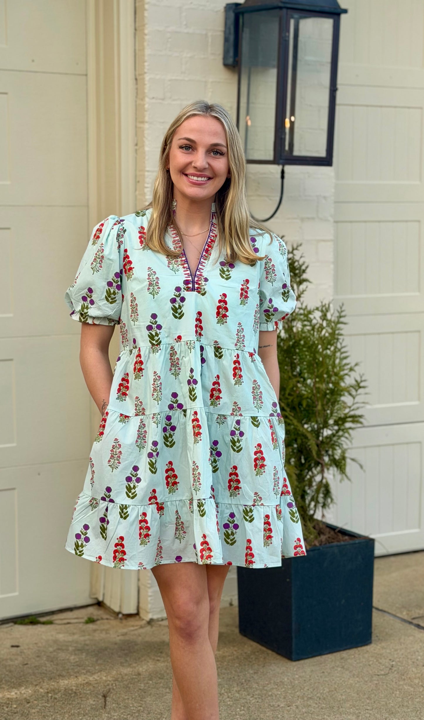 Light Mint Embroidery Neckline Floral Dress