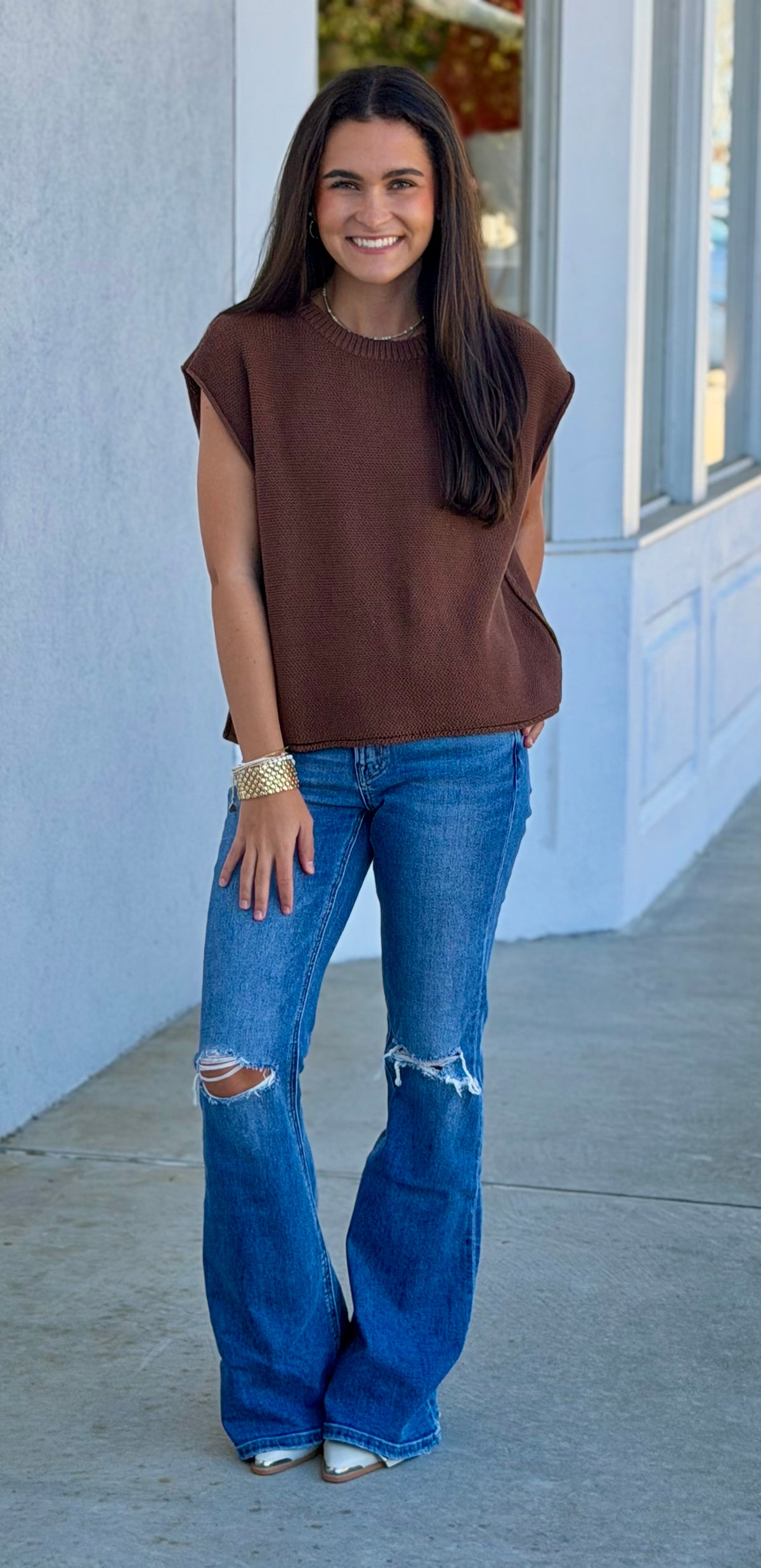 Relaxed Cotton Exposed Seam Sweater Vest , Brown