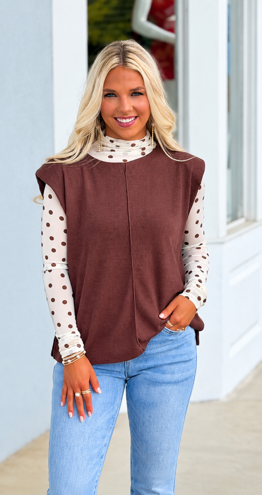 Ivory Polka Dot Mesh Mock Neck Top