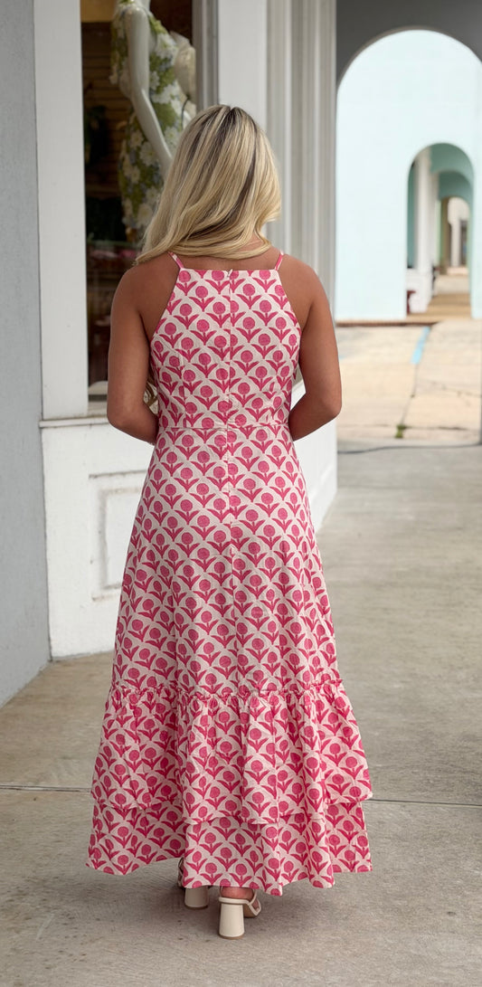 Floral Print High Neckline Tiered Maxi Dress