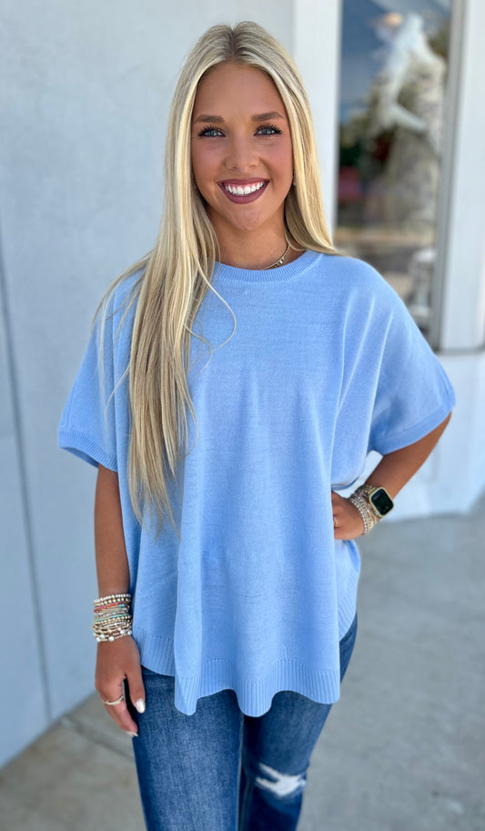 Half Sleeve Round Neck Boxy Top , Sky Blue