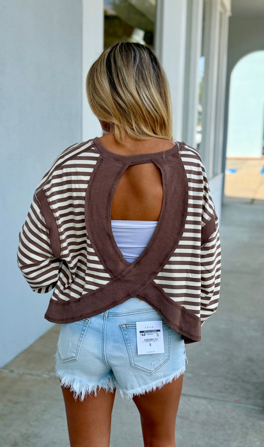 Mocha Striped Open Back Top