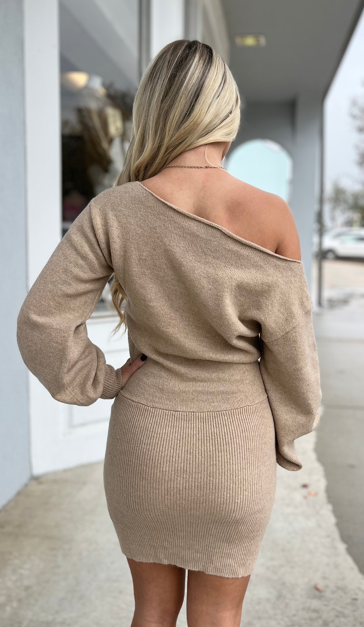 Tan Boat Neck Sweater Dress