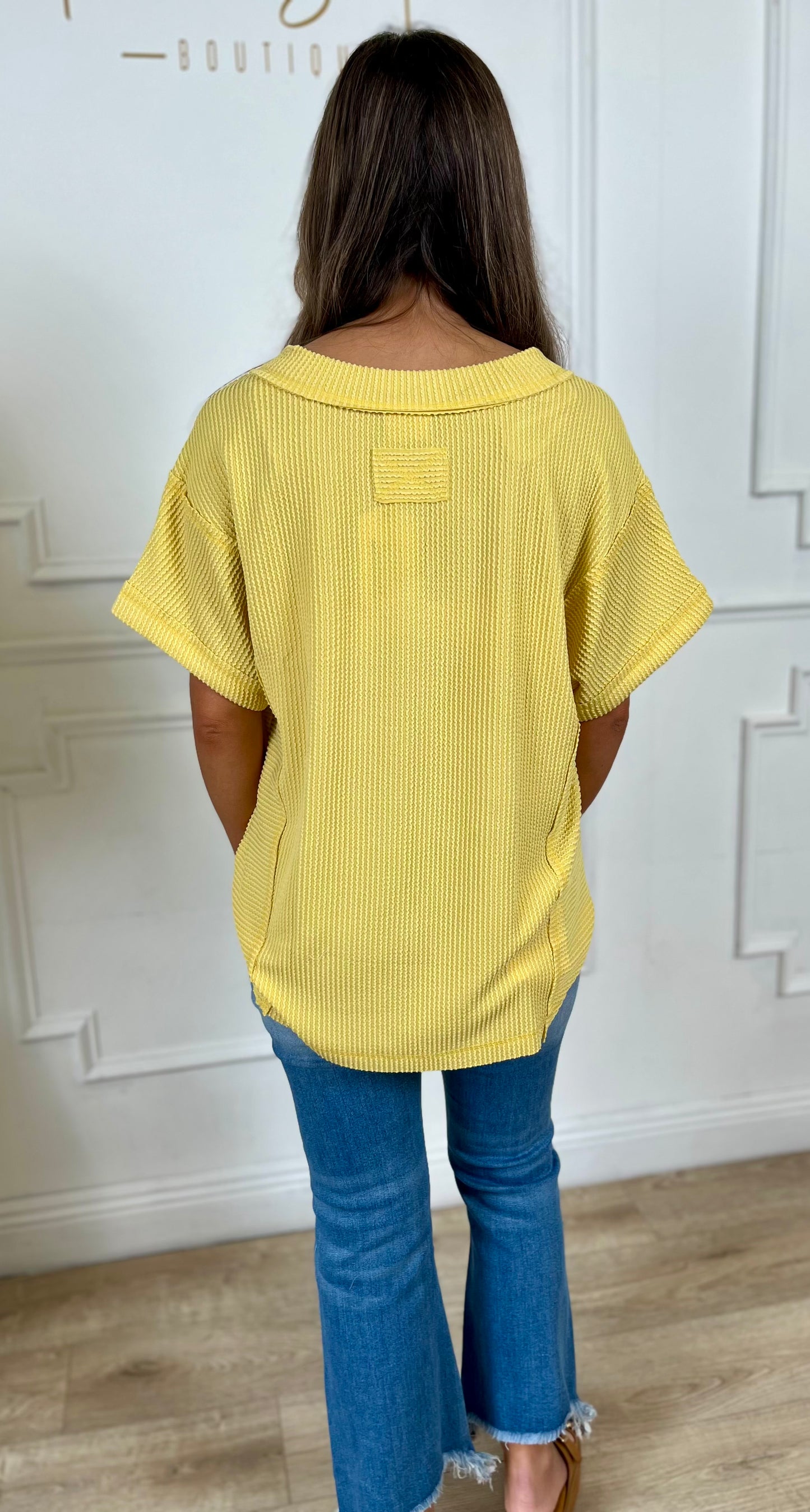 Ribbed V Neck Knit Tee, Yellow