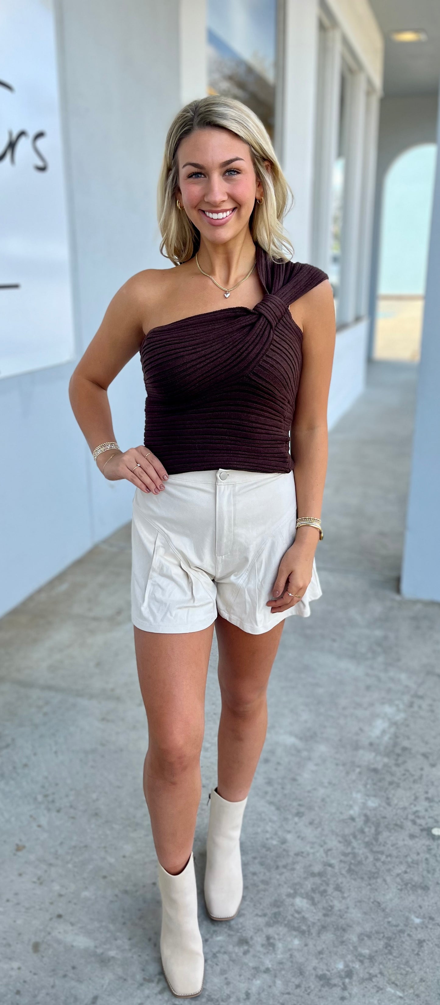 Chocolate One Shoulder Knit Sweater Top