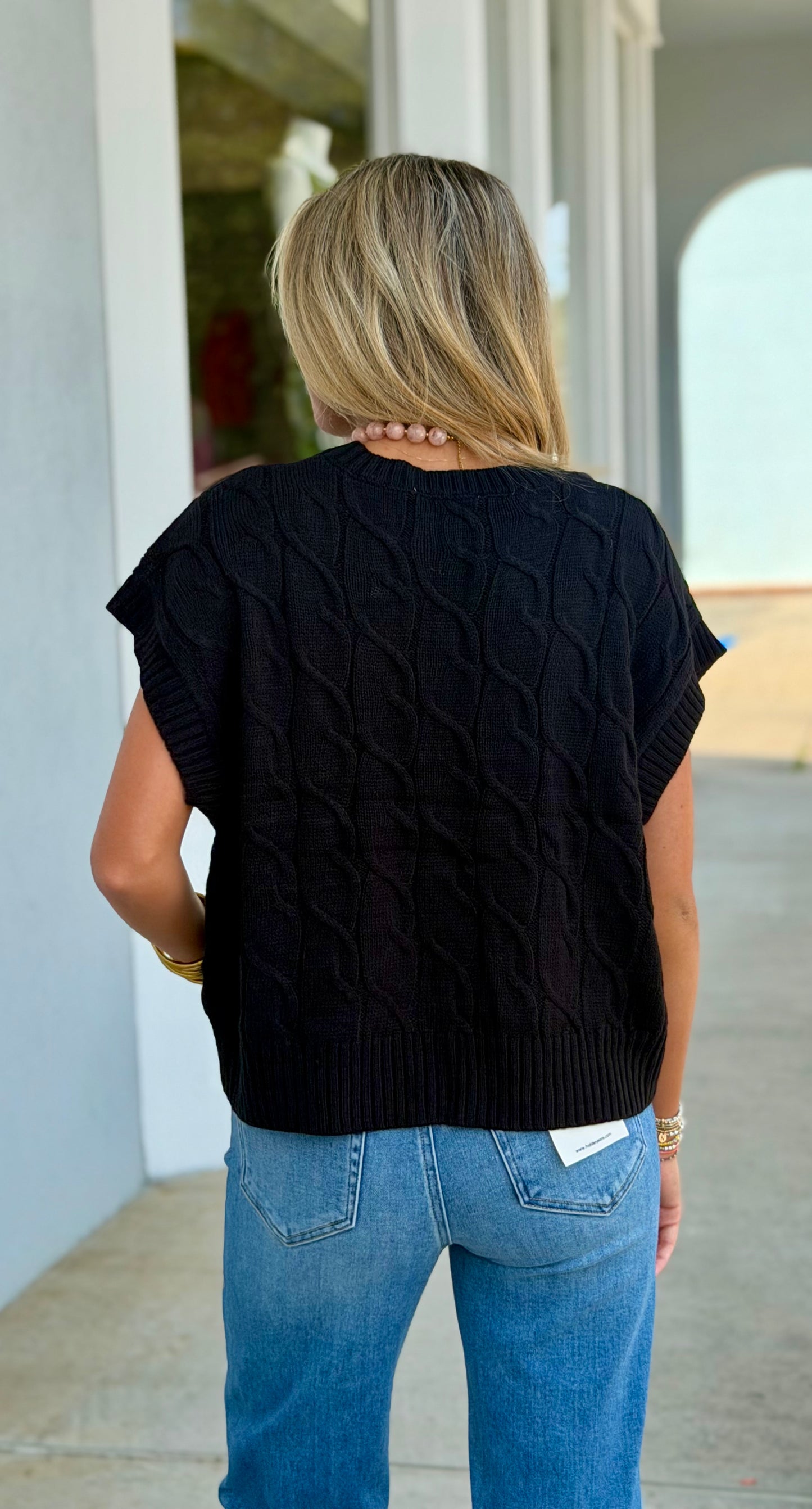 Cable Knit Cap Sleeve Sweater Top, Black
