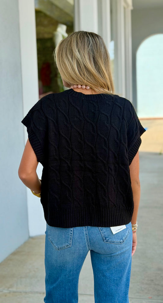 Cable Knit Cap Sleeve Sweater Top, Black