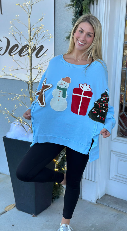 Lt Blue Corduroy Christmas Patches Sweater