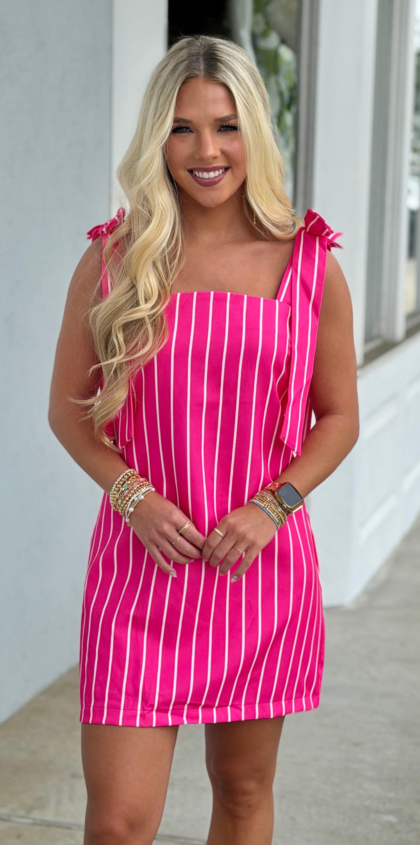 Hot Pink Stripe Tie Strap Dress