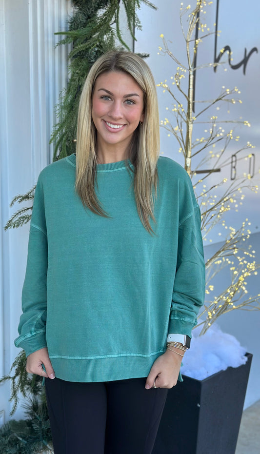 French Terry Wash Pullover, Dk Green