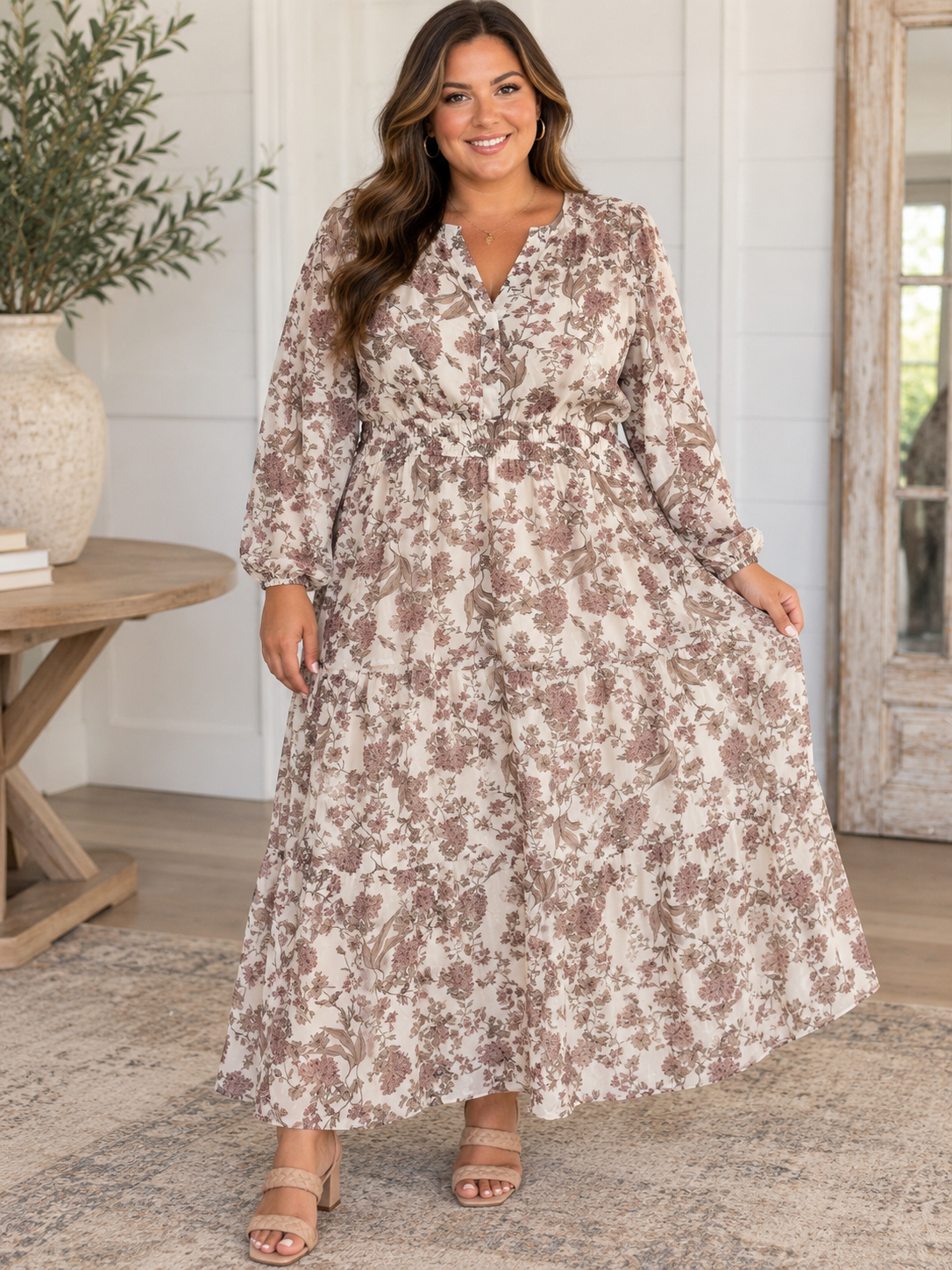 PLUS Cream Long Sleeve Woven Tiered Maxi Dress