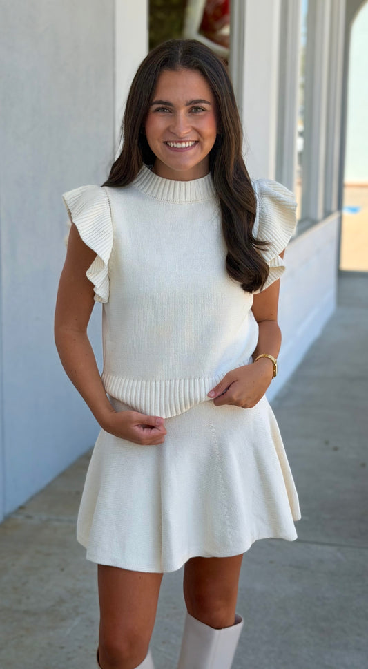 Ruffle Sleeve Sweater & Skirt SET, Ivory
