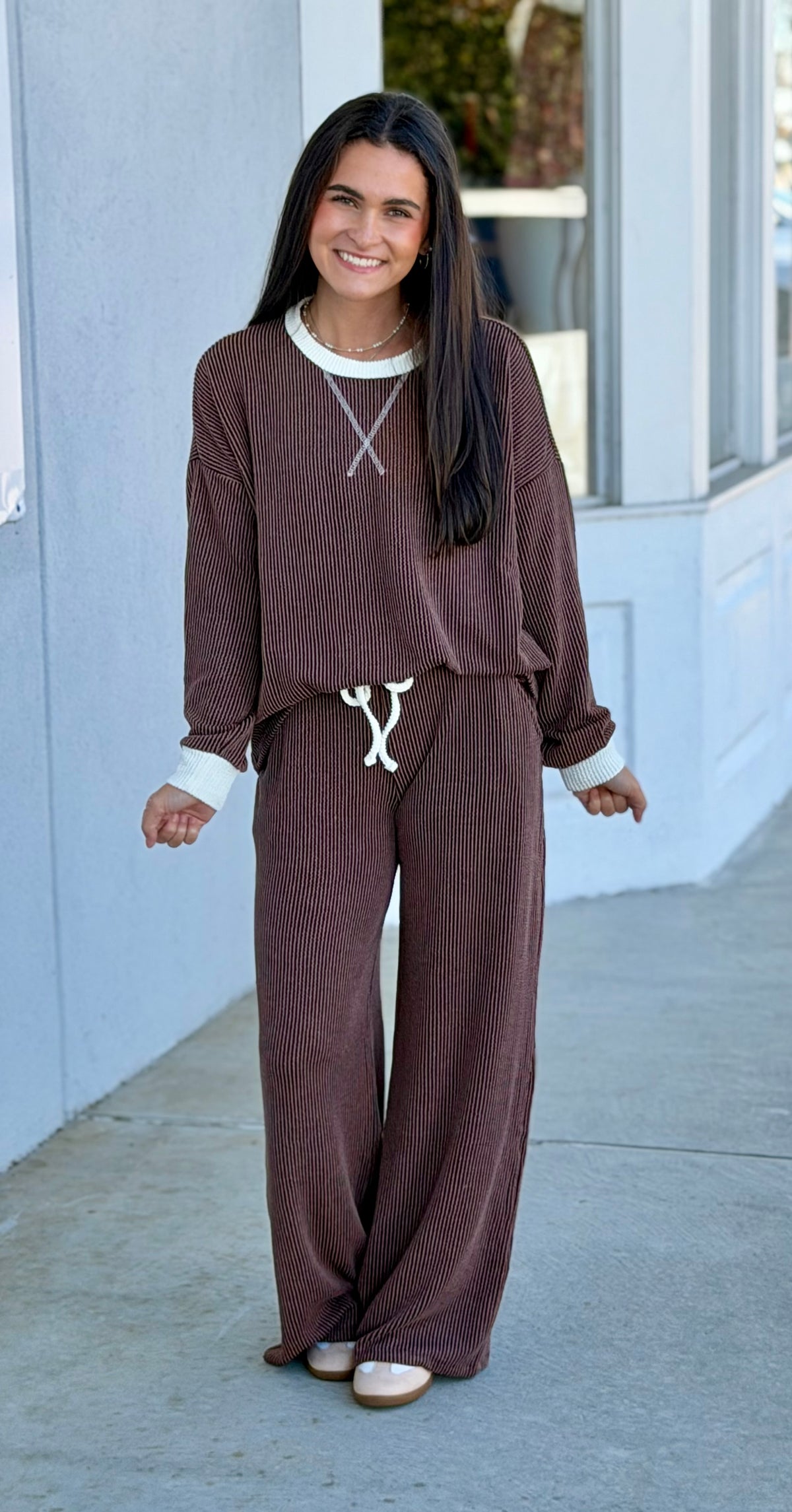 Raised Rib Round Neck Pullover & Pants SET, Chocolate