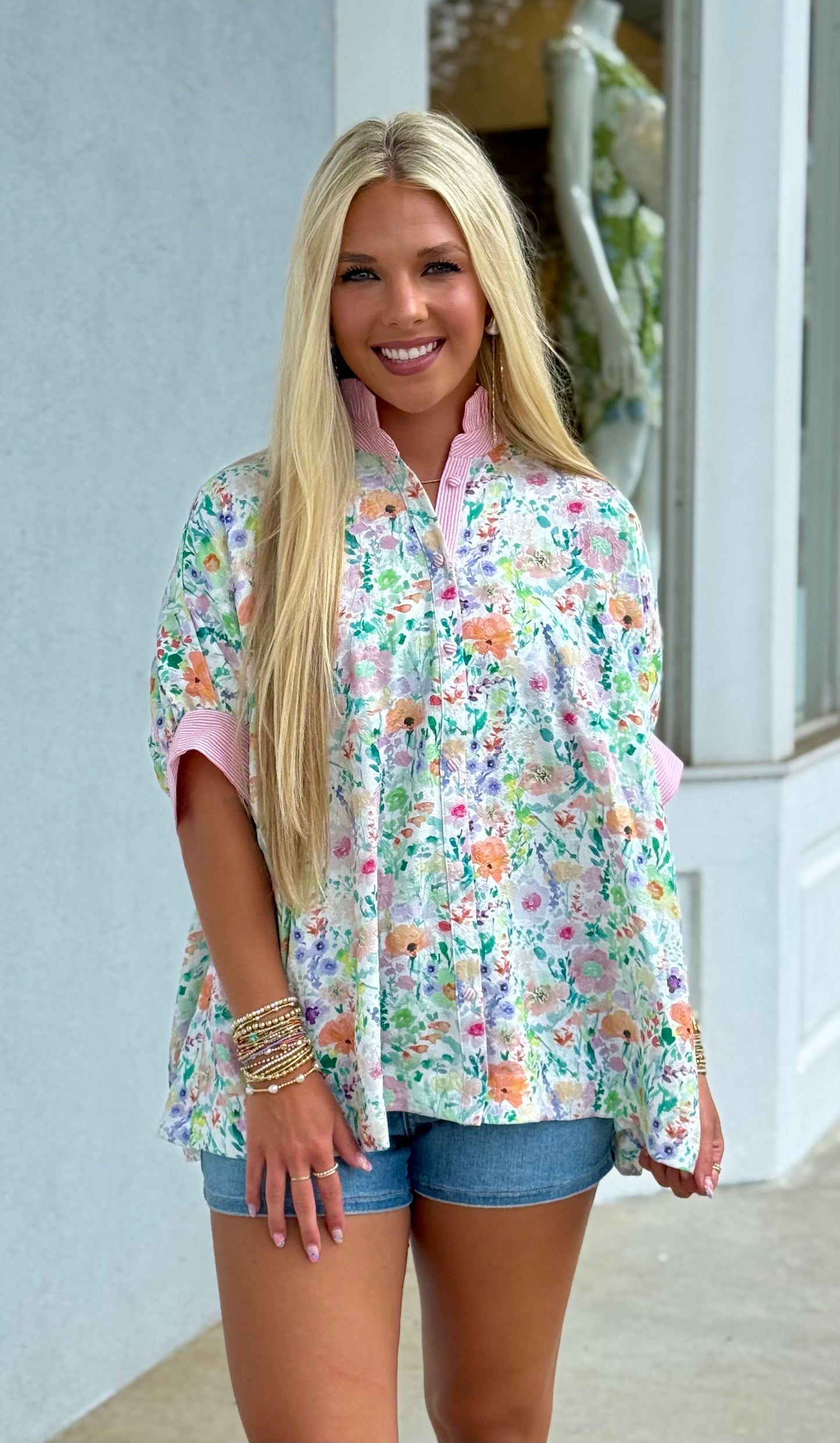 Pink Mix Floral Print Button Down Top