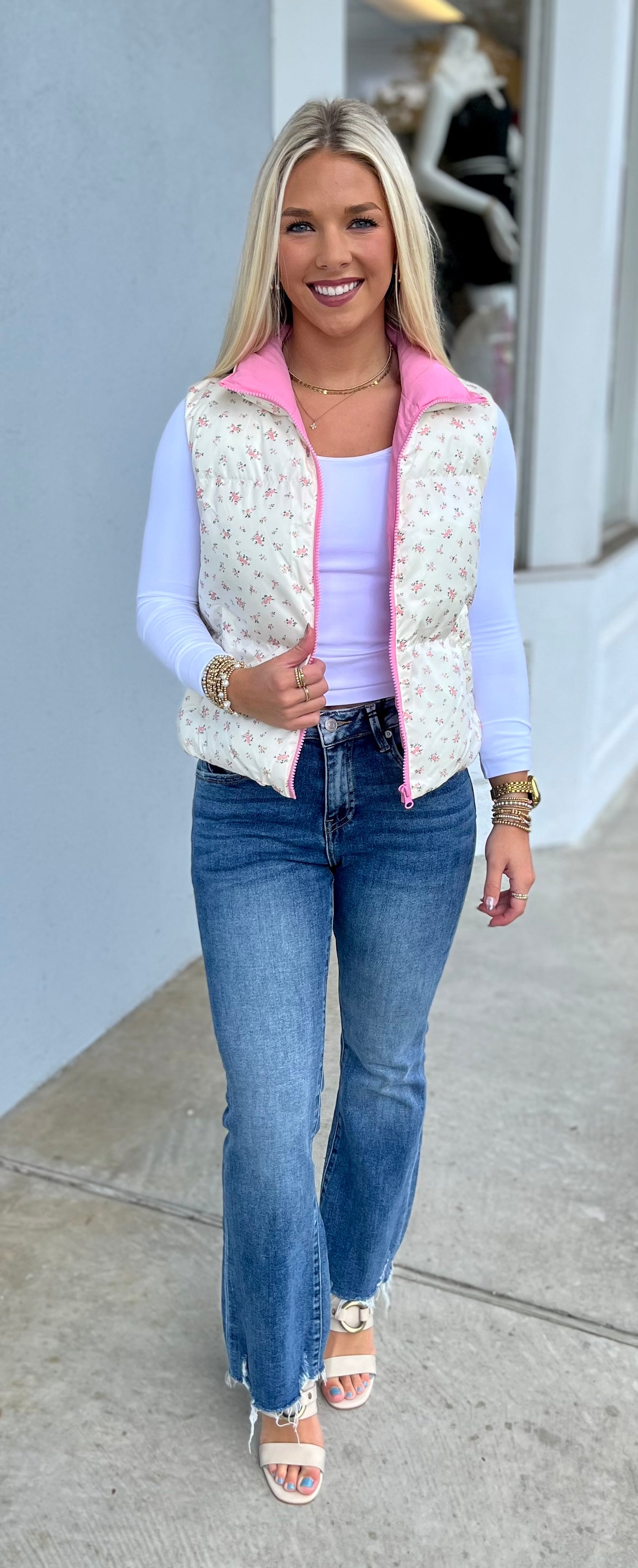 Pink Floral Crop Puffer Vest