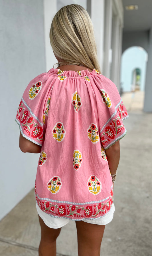 Pink Boho Bloom Border Top
