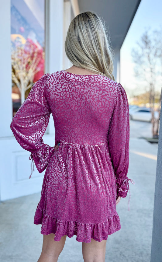 Mauve Leopard Velvet Ruffled Dress