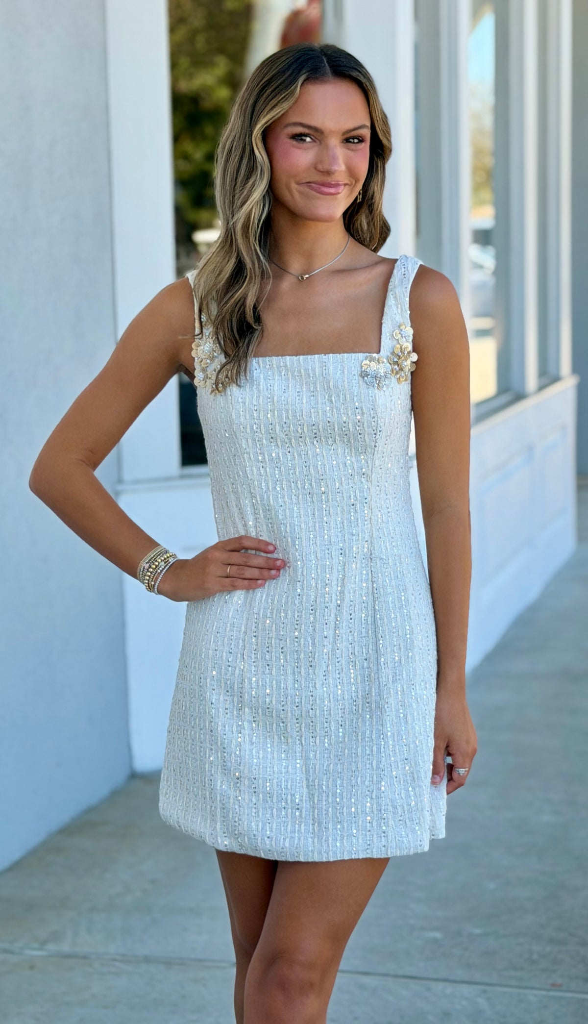 Gold Tweed Mini Dress with Floral Applique Trim
