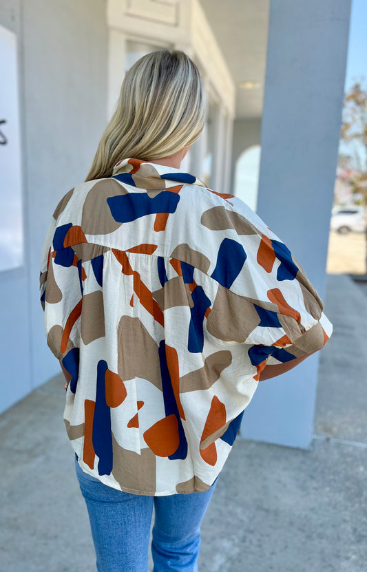 Cream/Rust/Navy Geometric Button Down Top