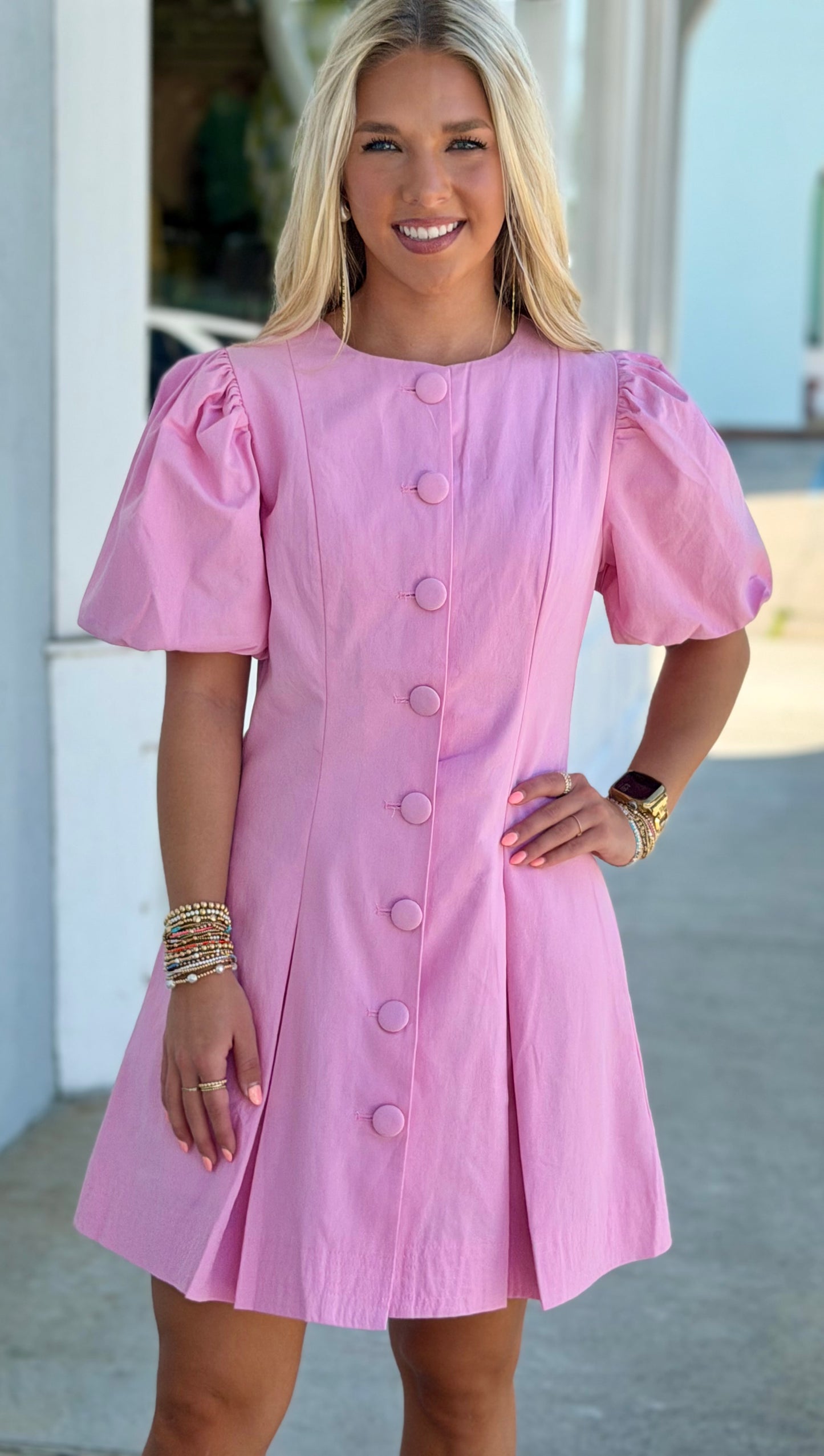 Pink Puff Sleeve Button Down Dress