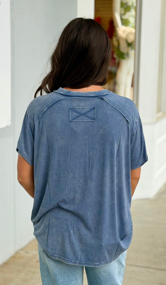 Washed Ribbed Boat Neck Top, Dusty Blue
