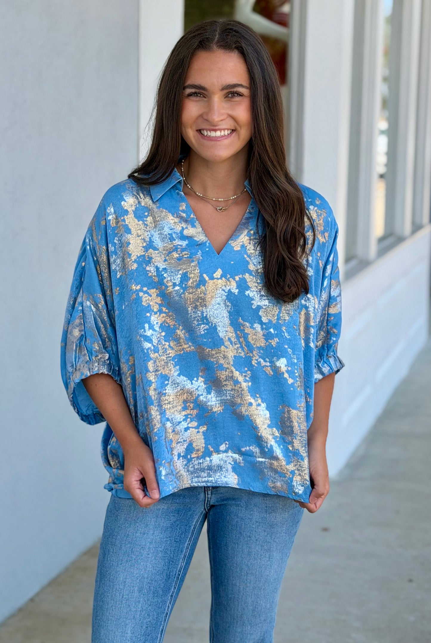 Dolman Sleeve Metallic Top, Blue