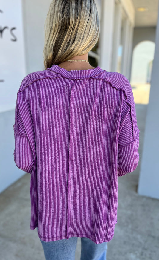 Ribbed Raw Edge Boat Neck Top, Lt Plum
