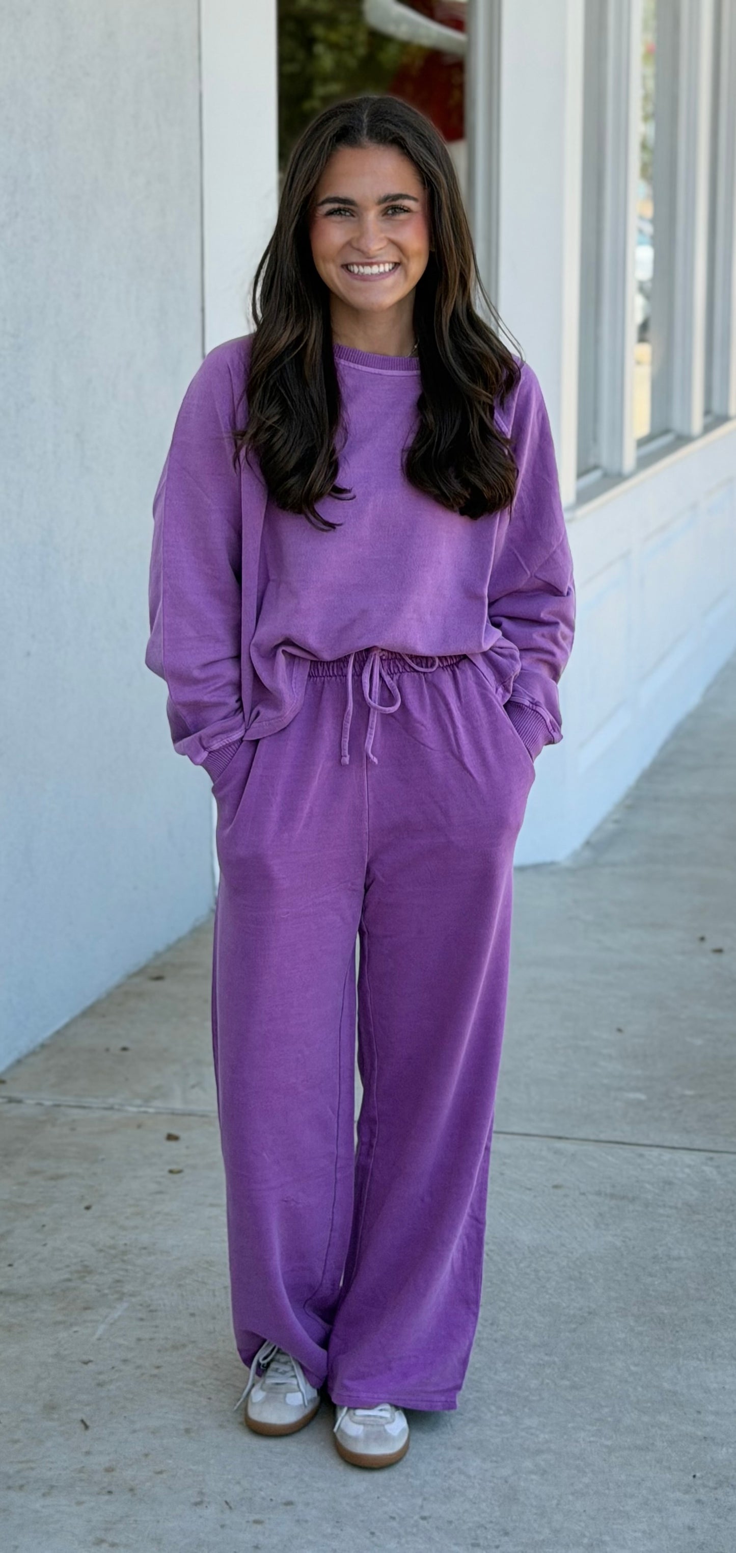 Washed F/Terry Round Neck Pullover & Pants SET, Lt Plum