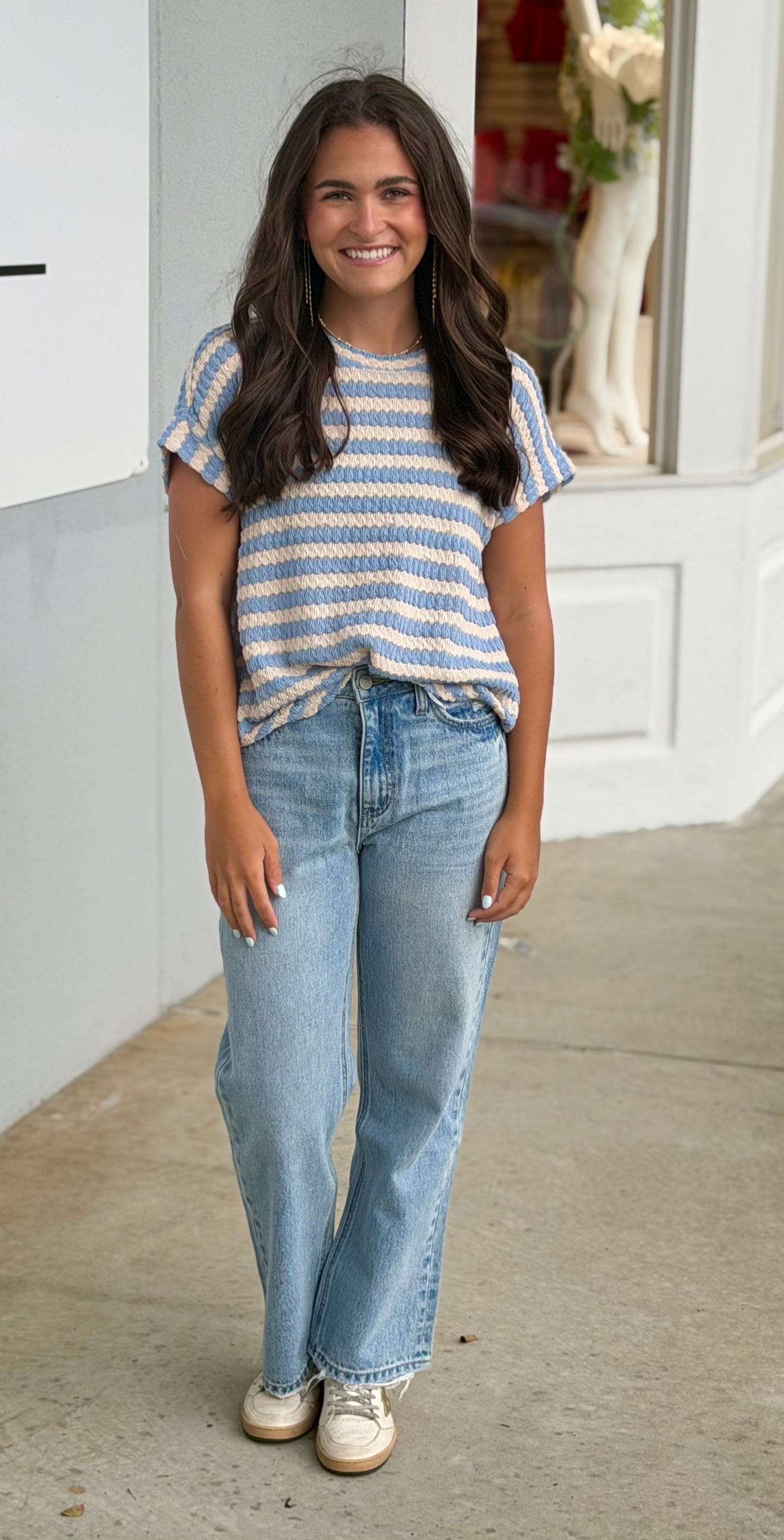 Textured Stripe Round Neck Dolman Top, Dusty Blue