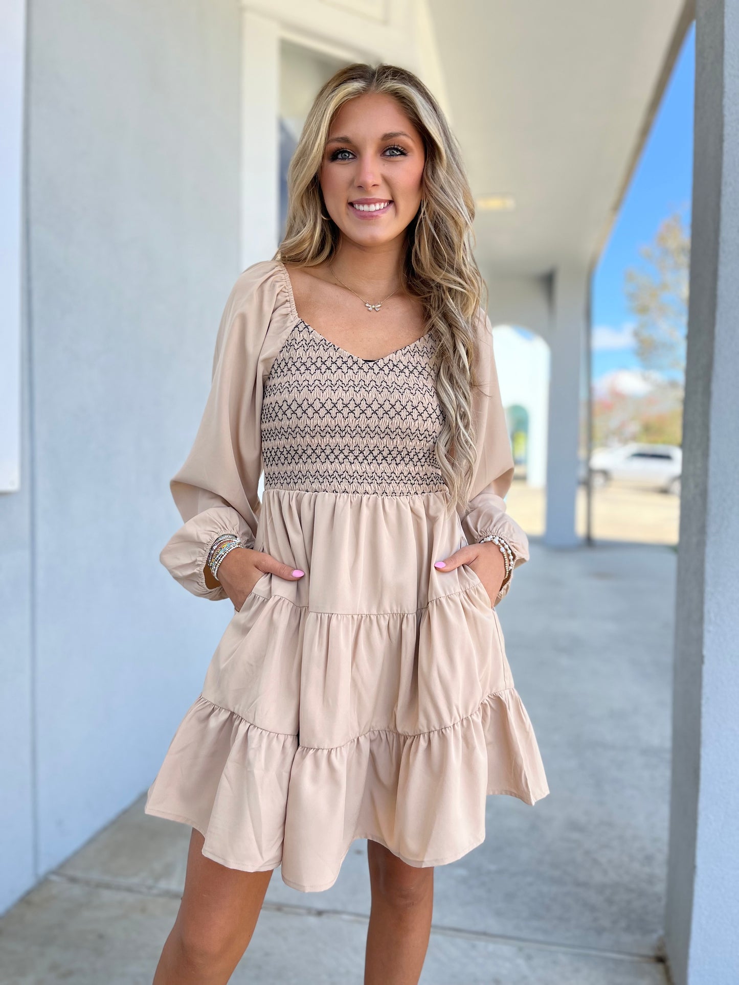 Beige Smocked Sweetheart Dress