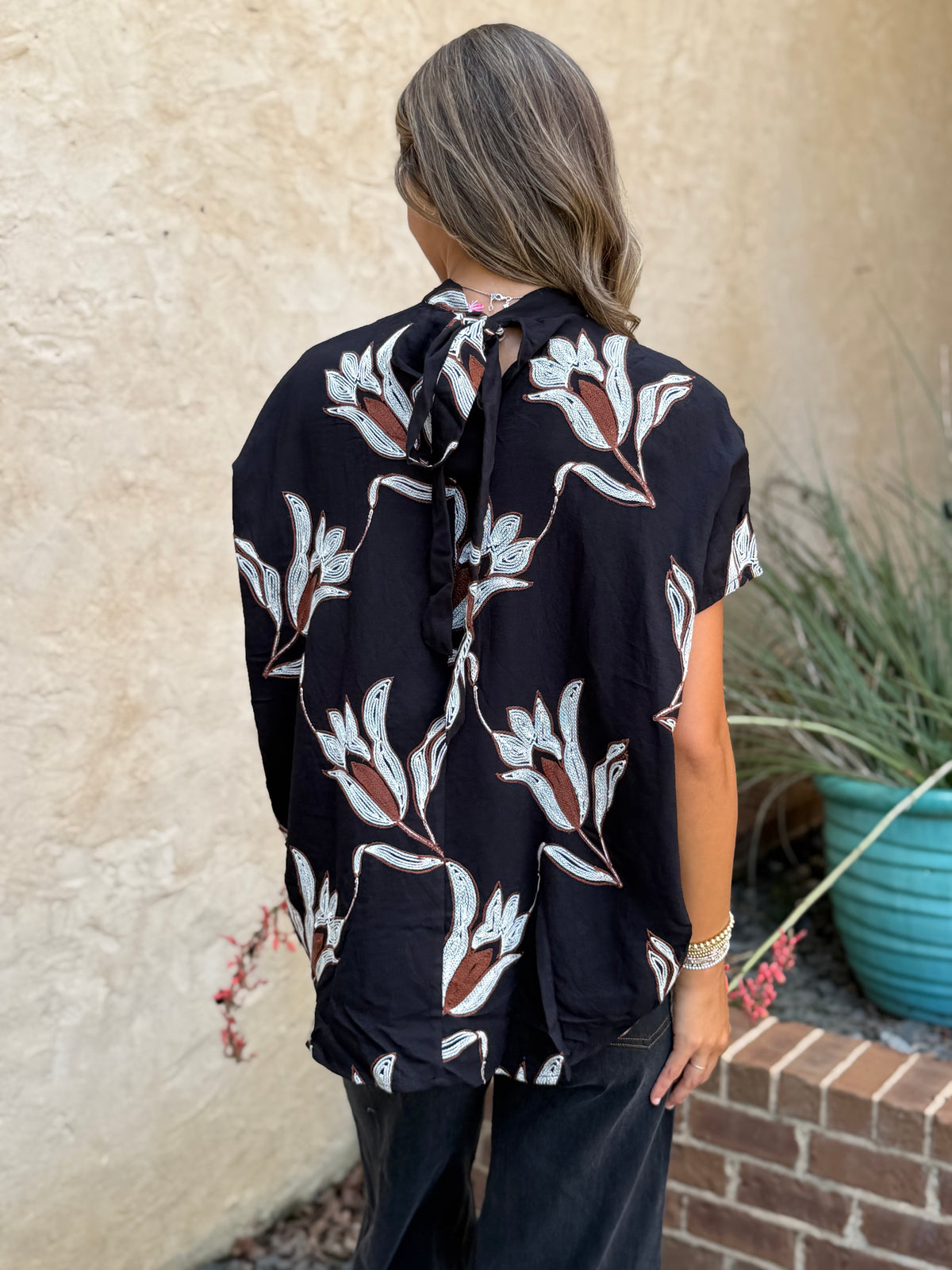 Embroidered Floral Blouse, Black