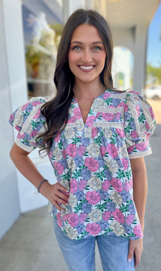 Floral Bubble Sleeve Lace Trim Top