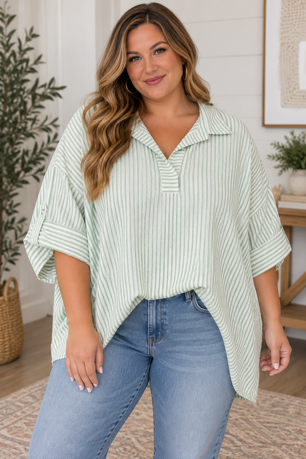 Sage Plus Oversized Stripe Top