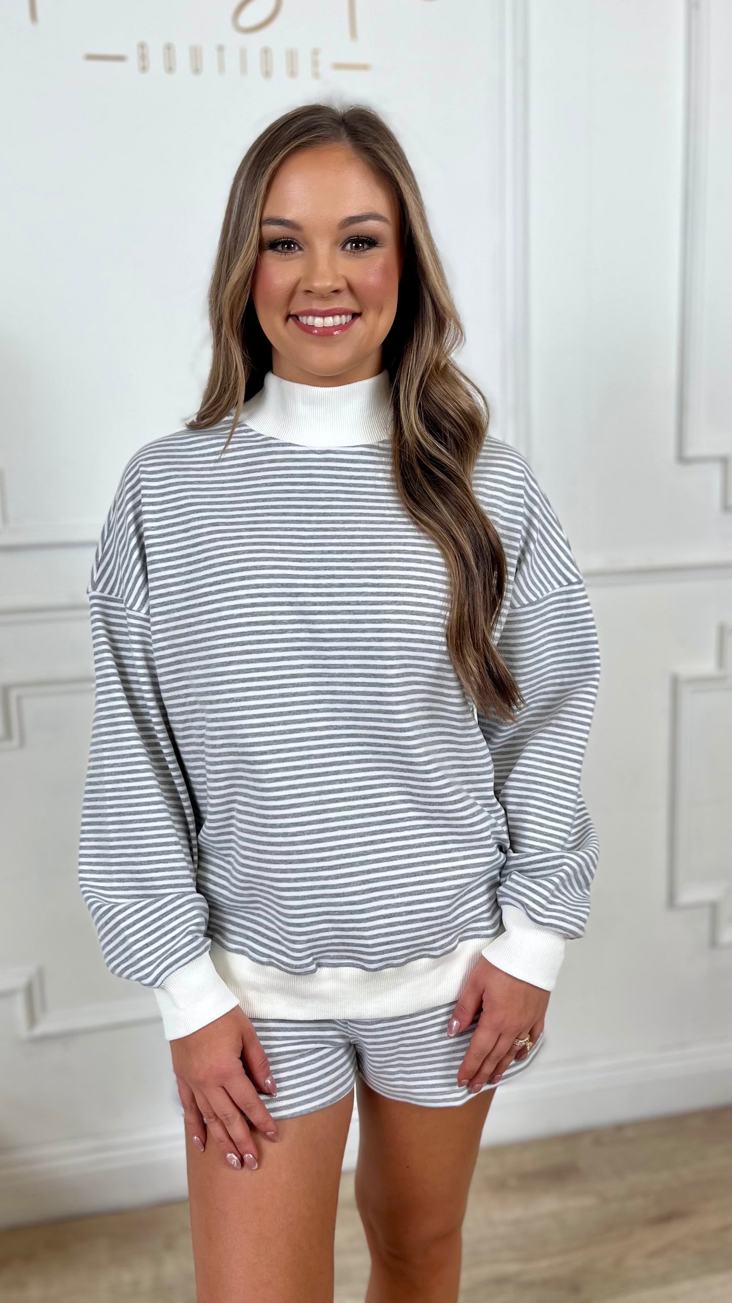 Heather Gray/White Stripe Mock Neck Sweatshirt